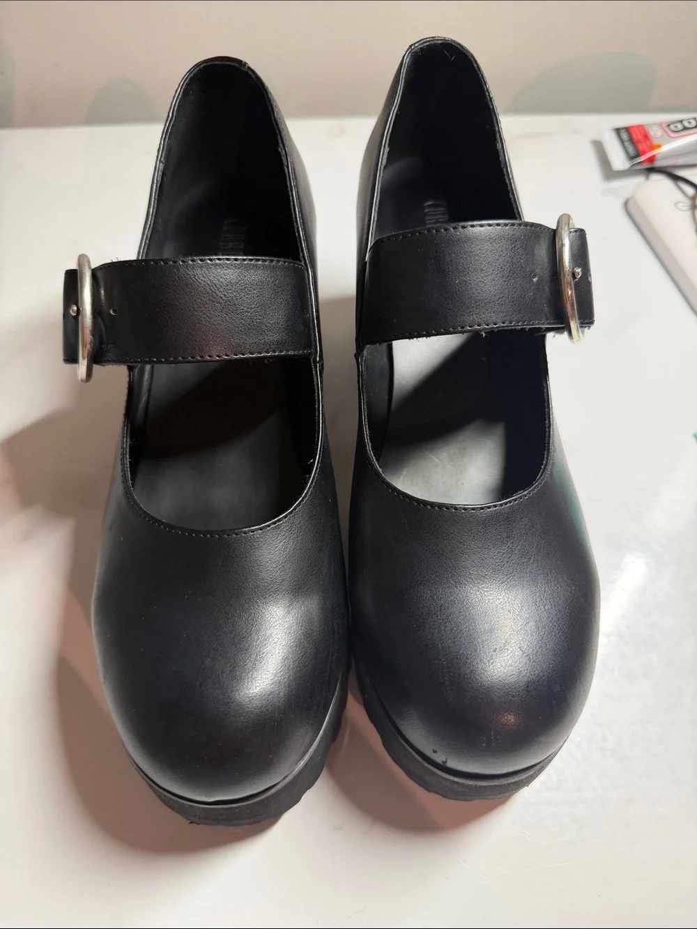 Current Mood Black Platform Mary Jane Heels with Silver Round Buckle